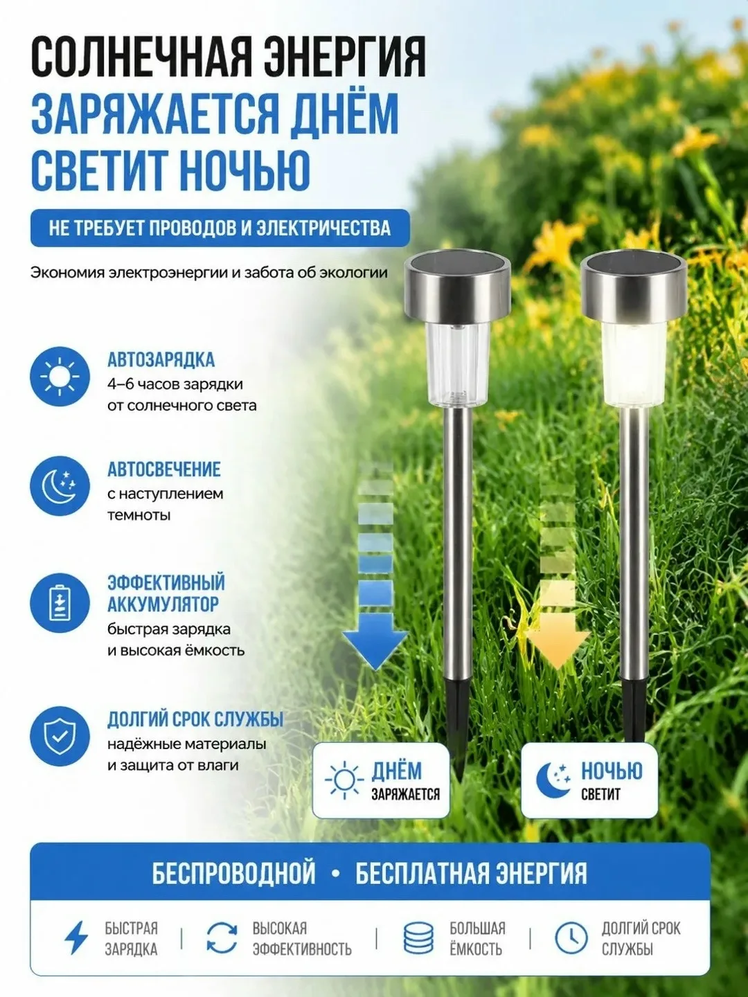 Светильник уличный на солнечной батарее с колышками — фото 10