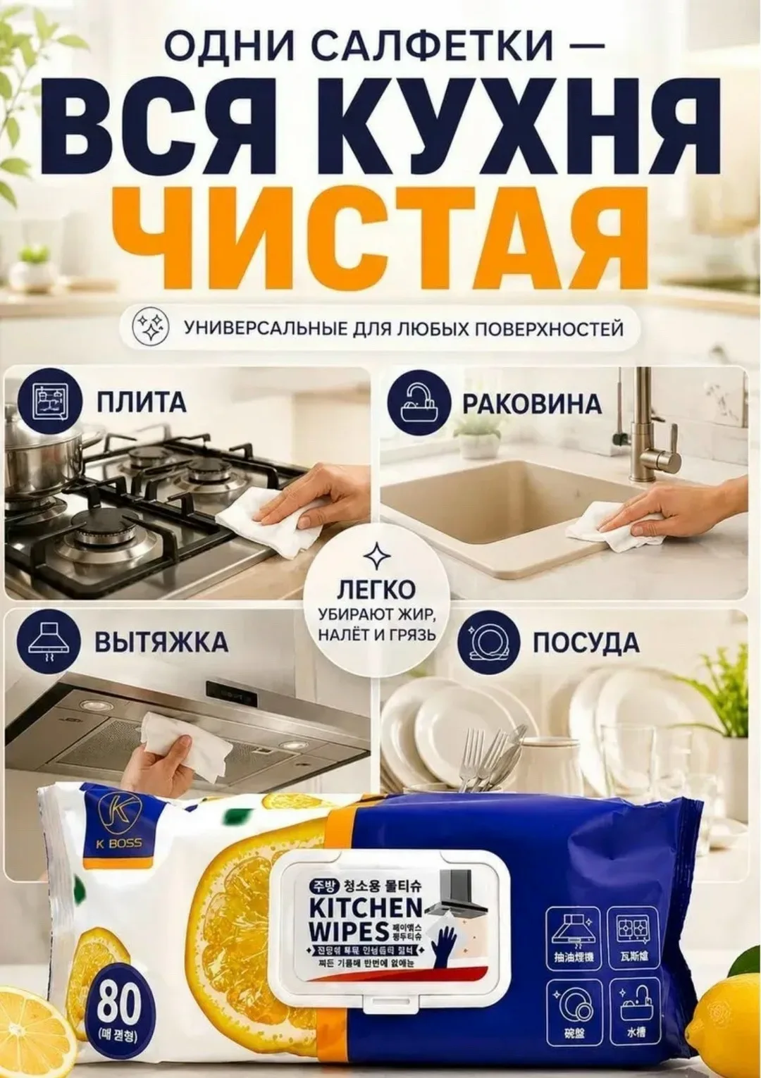Салфетки для кухни влажные антижир универсальные — фото 2