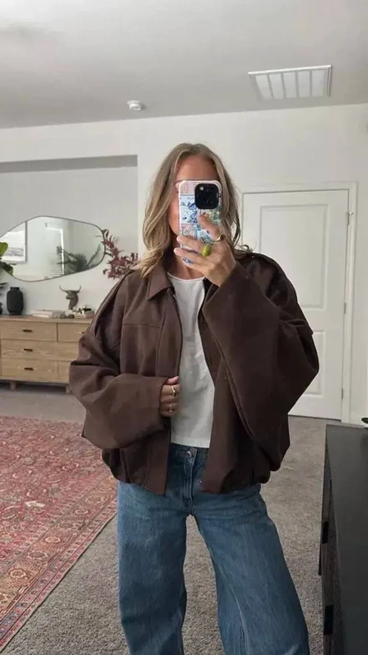 Бомбер ZARA замшевый шоколадный/оливковый — фото 8