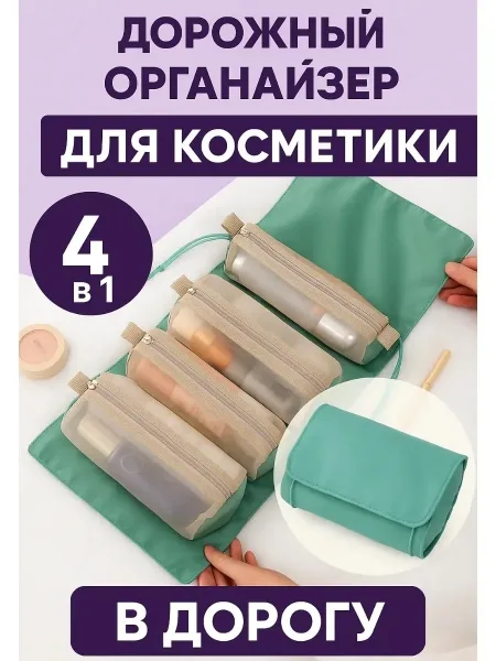 Набор из 4 и 1 штуки дамская косметичка на молнии с сетчатым отделением, отстегивающаяся косметичка, складная нейлоновая — фото 1