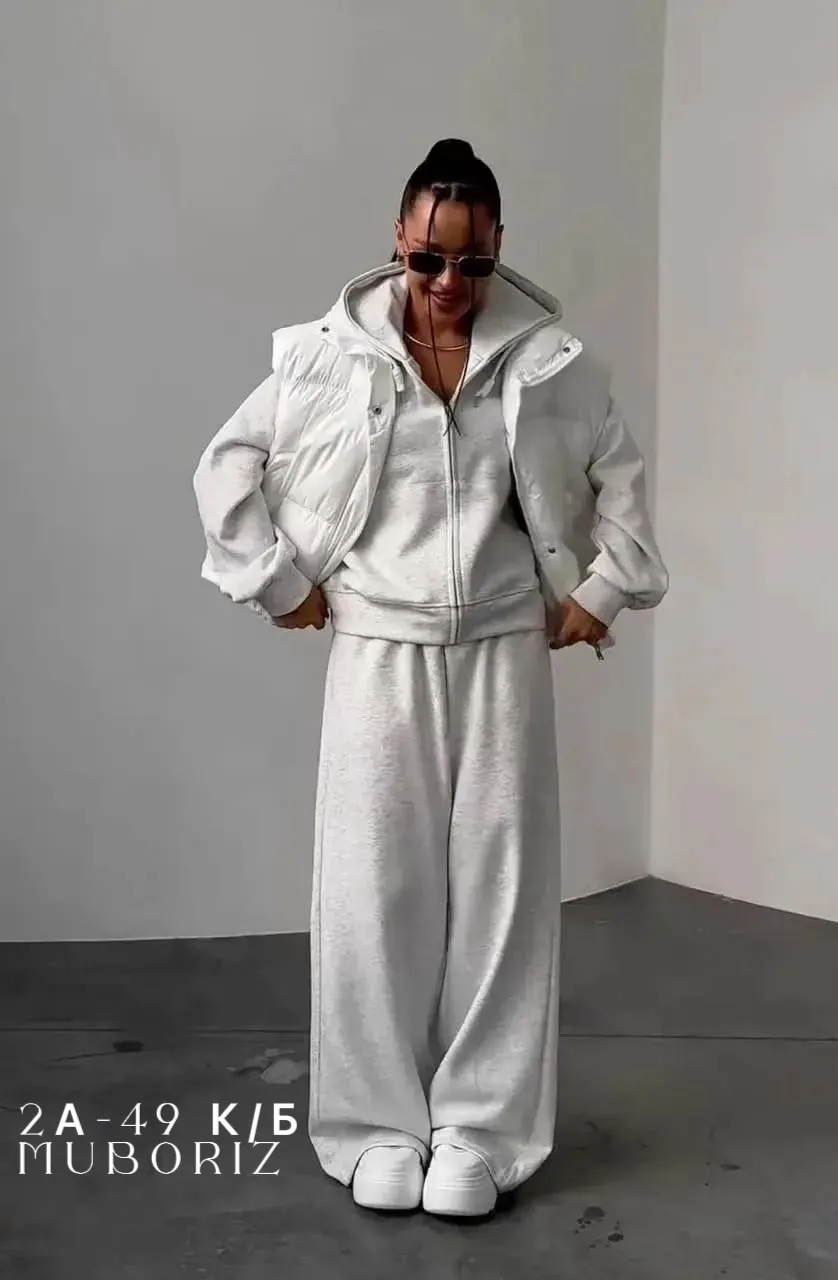Костюм 3-в-1: худи + брюки wide leg + жилетка — фото 1