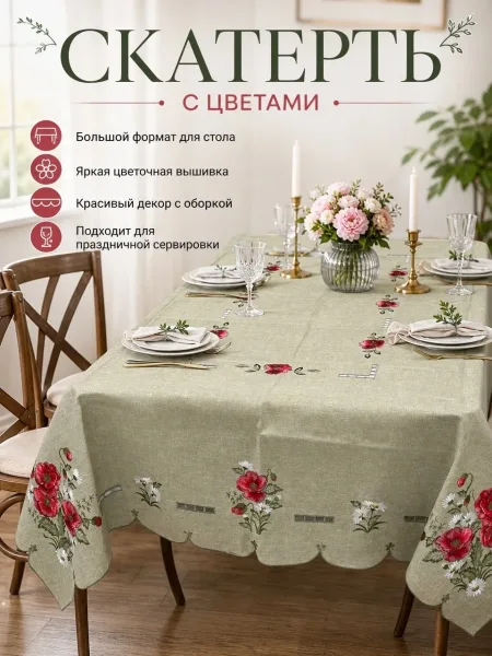 Скатерть с вышивкой для раздвижного стола, лён — фото 2