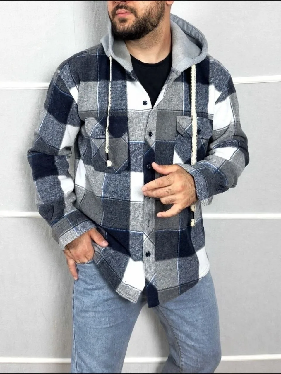Тёплая мужская рубашка из ткани холопок с меховым воротником — фото 7
