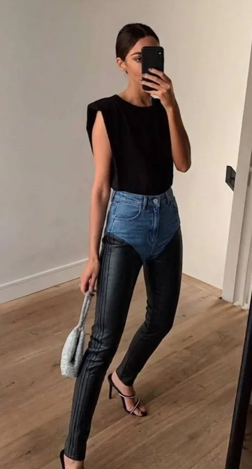 Комбинированные джинсы в стиле skinny из джинсы и эко кожи — фото 3