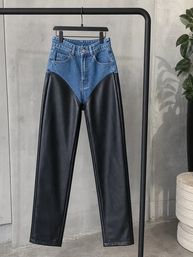 Комбинированные джинсы в стиле skinny из джинсы и эко кожи — фото 4
