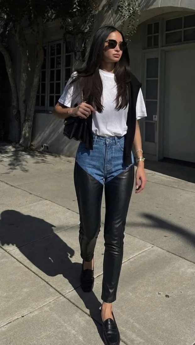 Комбинированные джинсы в стиле skinny из джинсы и эко кожи — фото 7