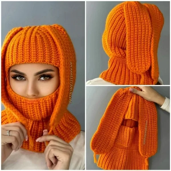 Женская шапка-ушанка в виде зайчика из шерсти и акрила — фото 73