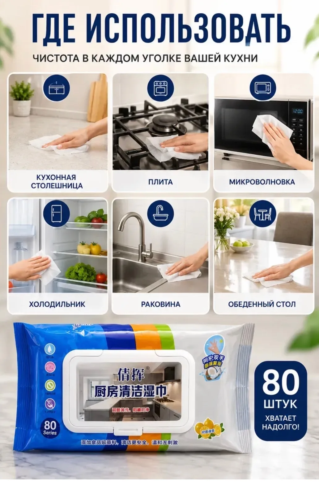Посуда Влажные салфетки для кухни очищающие — фото 4