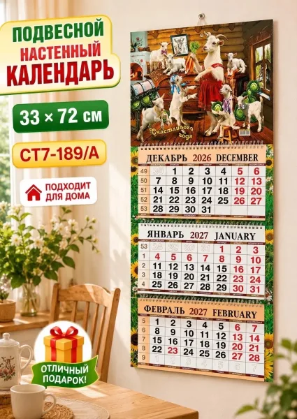 Календарь квартальный трёхблочный 2027 Год Козы, сетка — фото 1