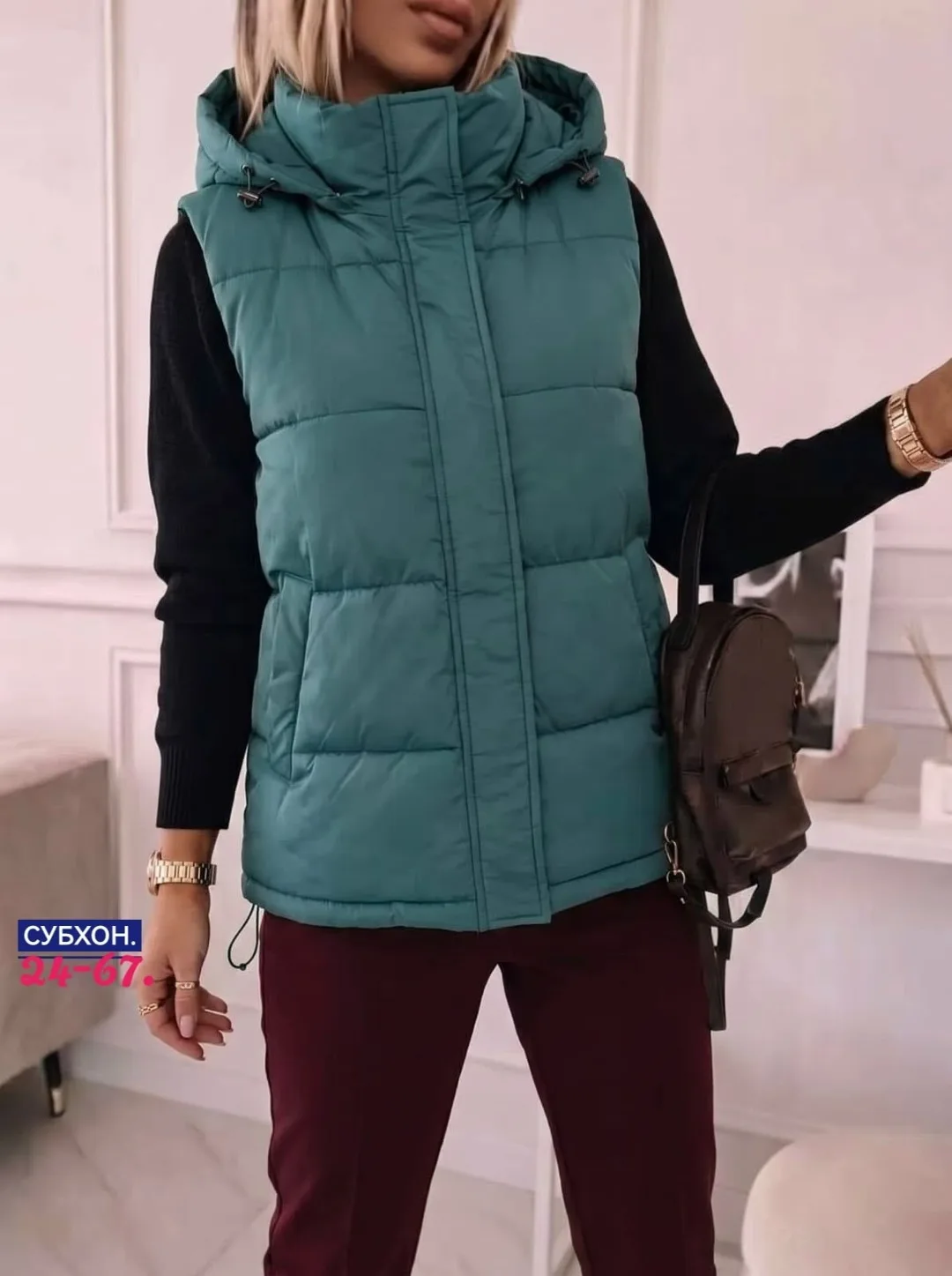 Осенняя жилетка из синтепона с подкладкой, съемный капюшон Синий — фото 1