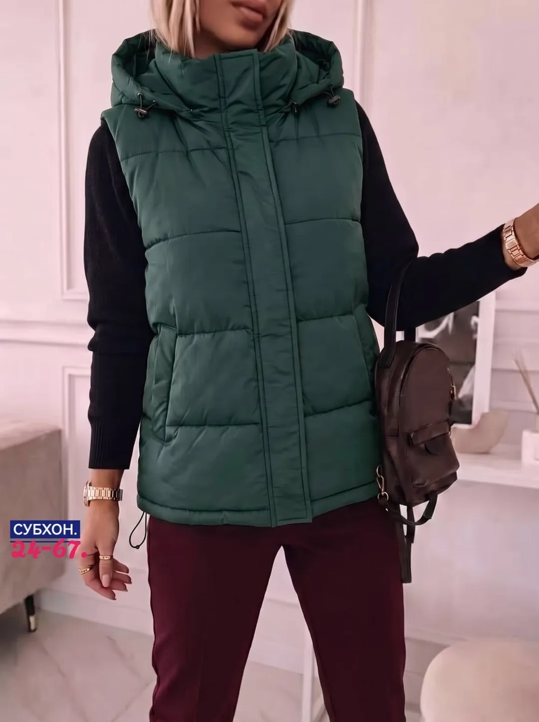 Осенняя жилетка из синтепона с подкладкой, съемный капюшон Синий — фото 2