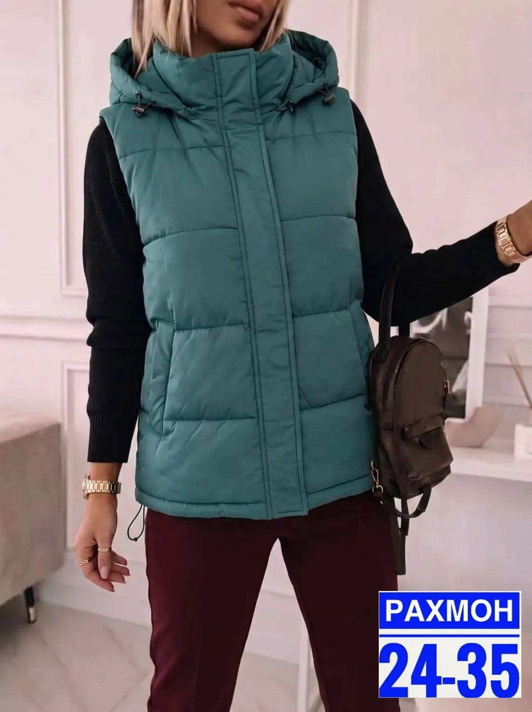 Осенняя жилетка из синтепона с подкладкой, капюшон съемный Синий — фото 1