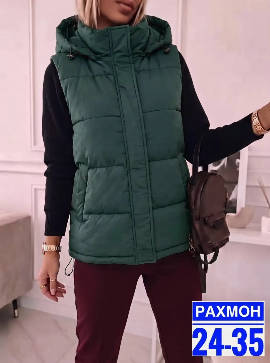 Осенняя жилетка из синтепона с подкладкой, капюшон съемный Синий — фото 2