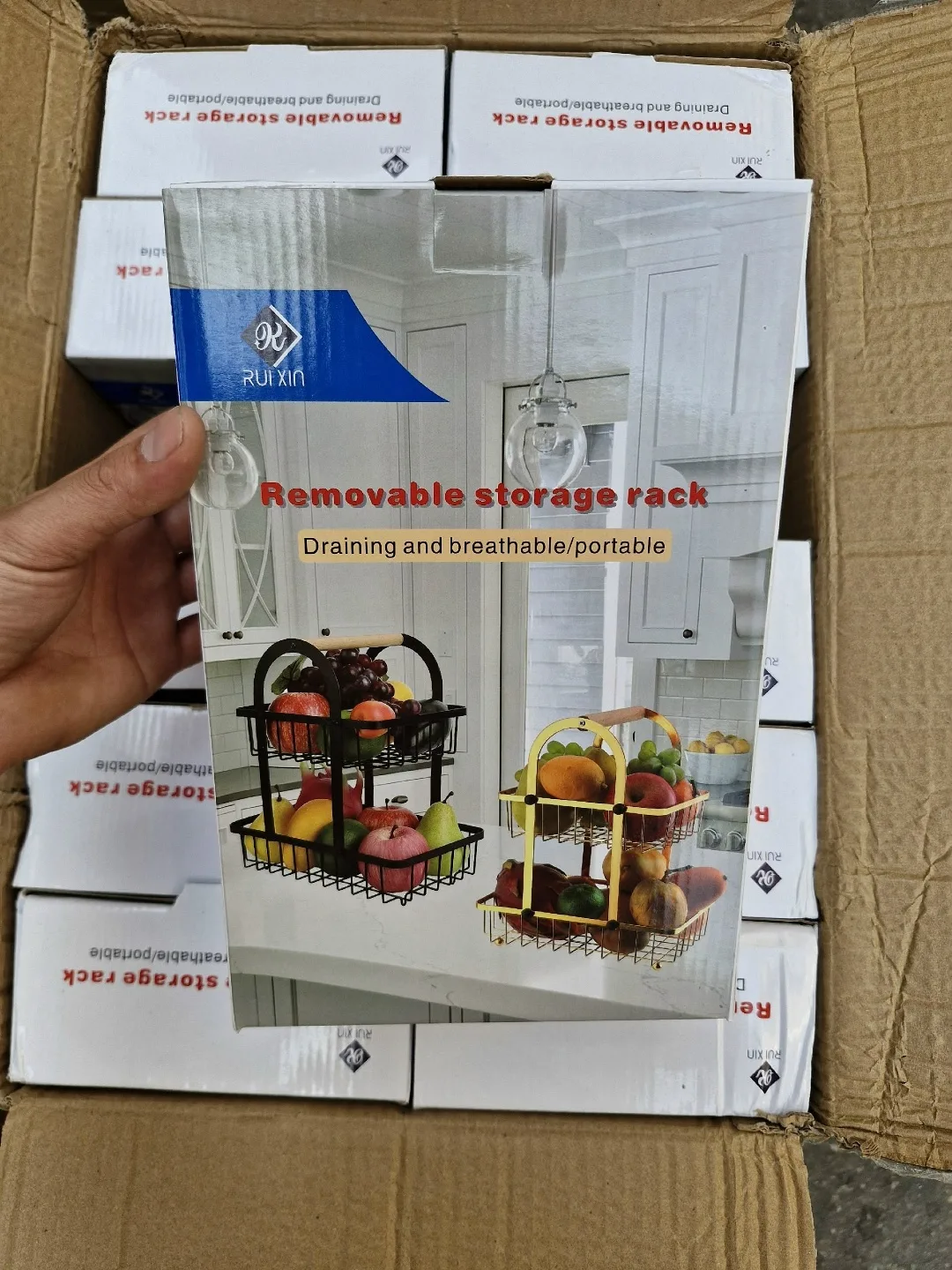 Двухъярусная металлическая корзина с деревянной ручкой для хранения фруктов — фото 10