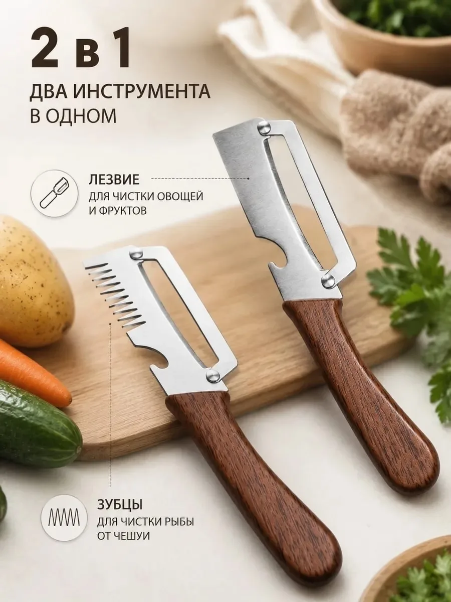Многофункциональный овощечиститель с лезвием из нержавеющей стали и ручкой из массивного дерева — фото 4