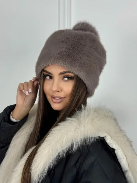 Шапка из натурального меха норки с натуральным помпоном внутри флиса — фото 75