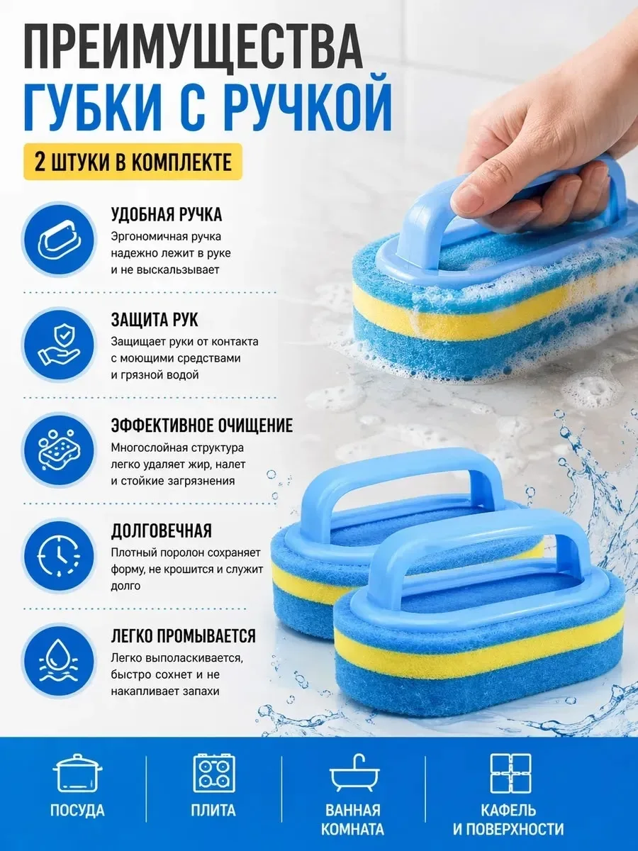 Универсальная губка с ручкой для очистки ванной — фото 3