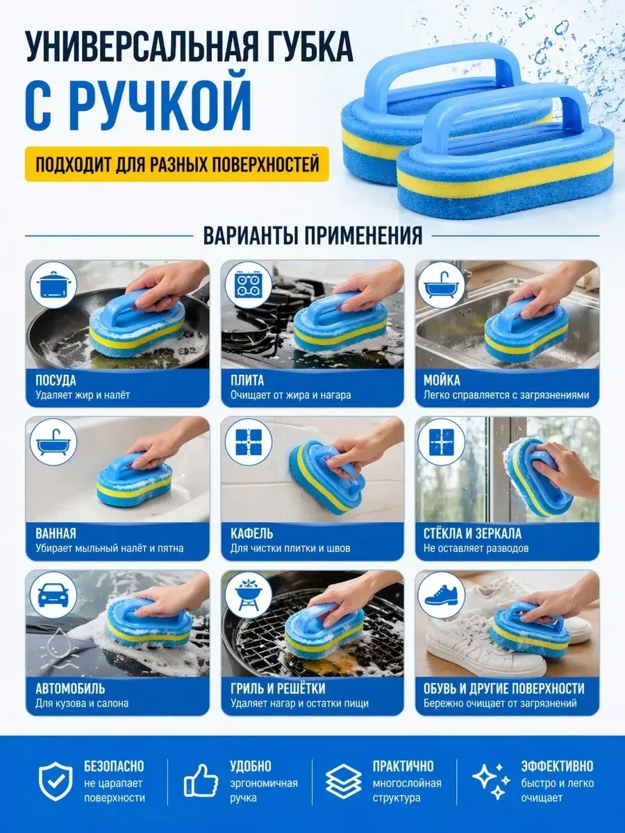 Универсальная губка с ручкой для очистки ванной — фото 4