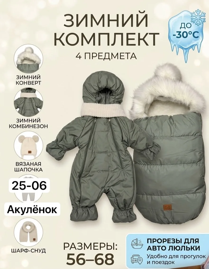 1 В комплекте Дутик на овчине с наполнением синтепона замок двух сторон с прорезями на авто люльки, мех на капюшоне сним — фото 1