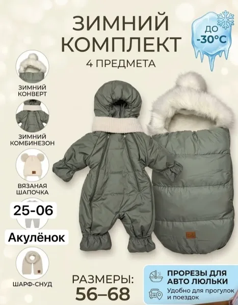 1 В комплекте Дутик на овчине с наполнением синтепона замок двух сторон с прорезями на авто люльки, мех на капюшоне сним — фото 1