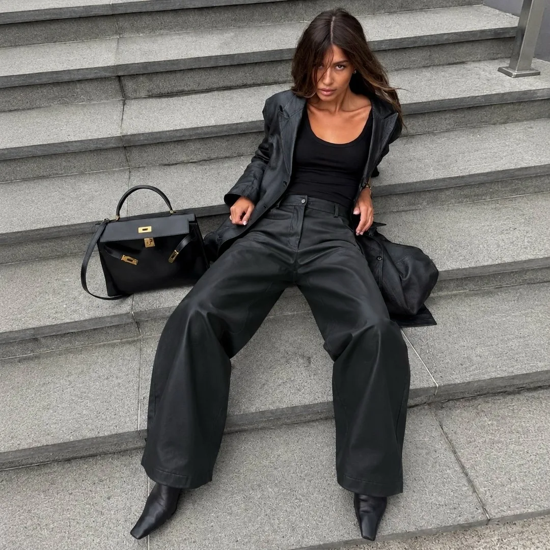 Брюки baggy из мягкой экокожи высокого качества — фото 10