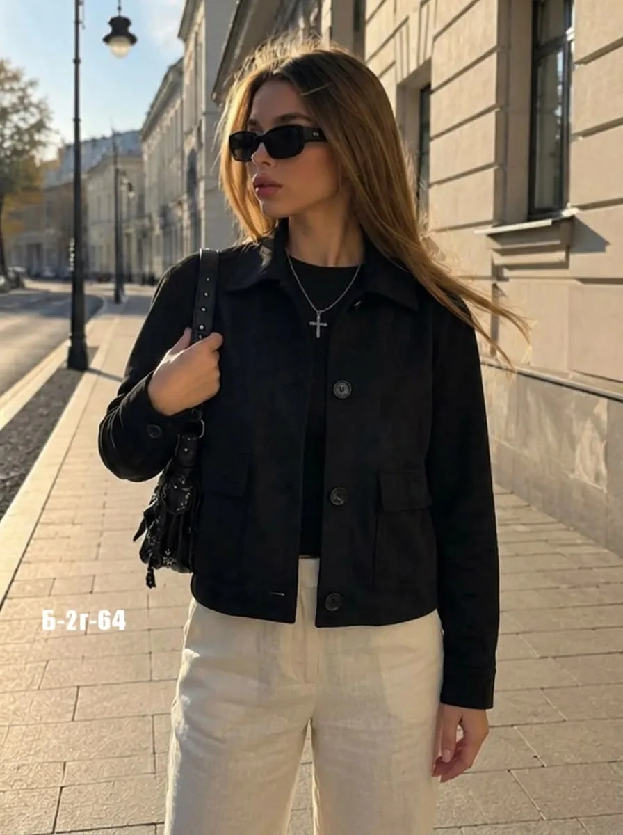 Женская замшевая куртка на пуговицах с отложным воротником эко-замша — фото 5