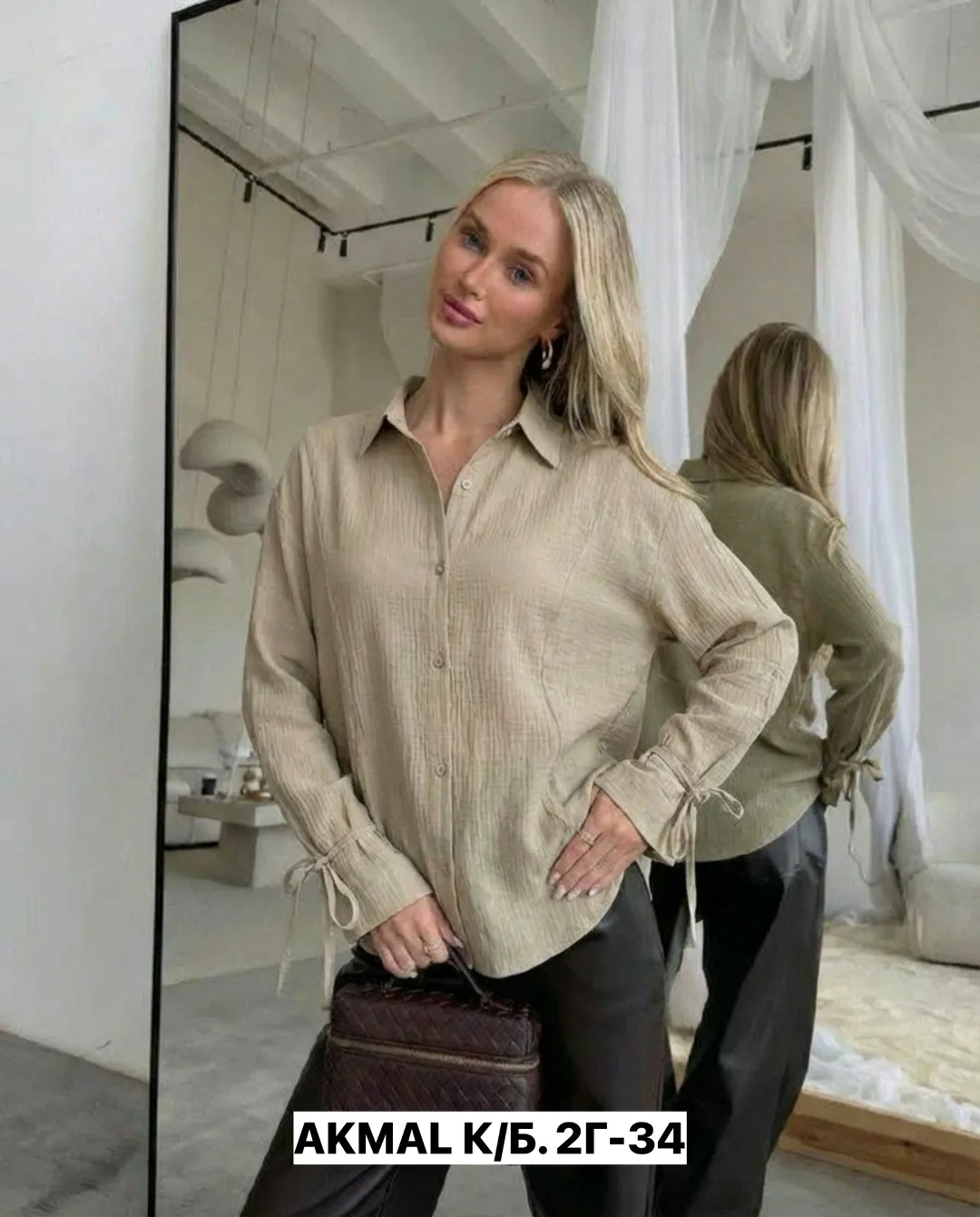 Женская рубашка с длинным рукавом из жатой хлопковой — фото 4