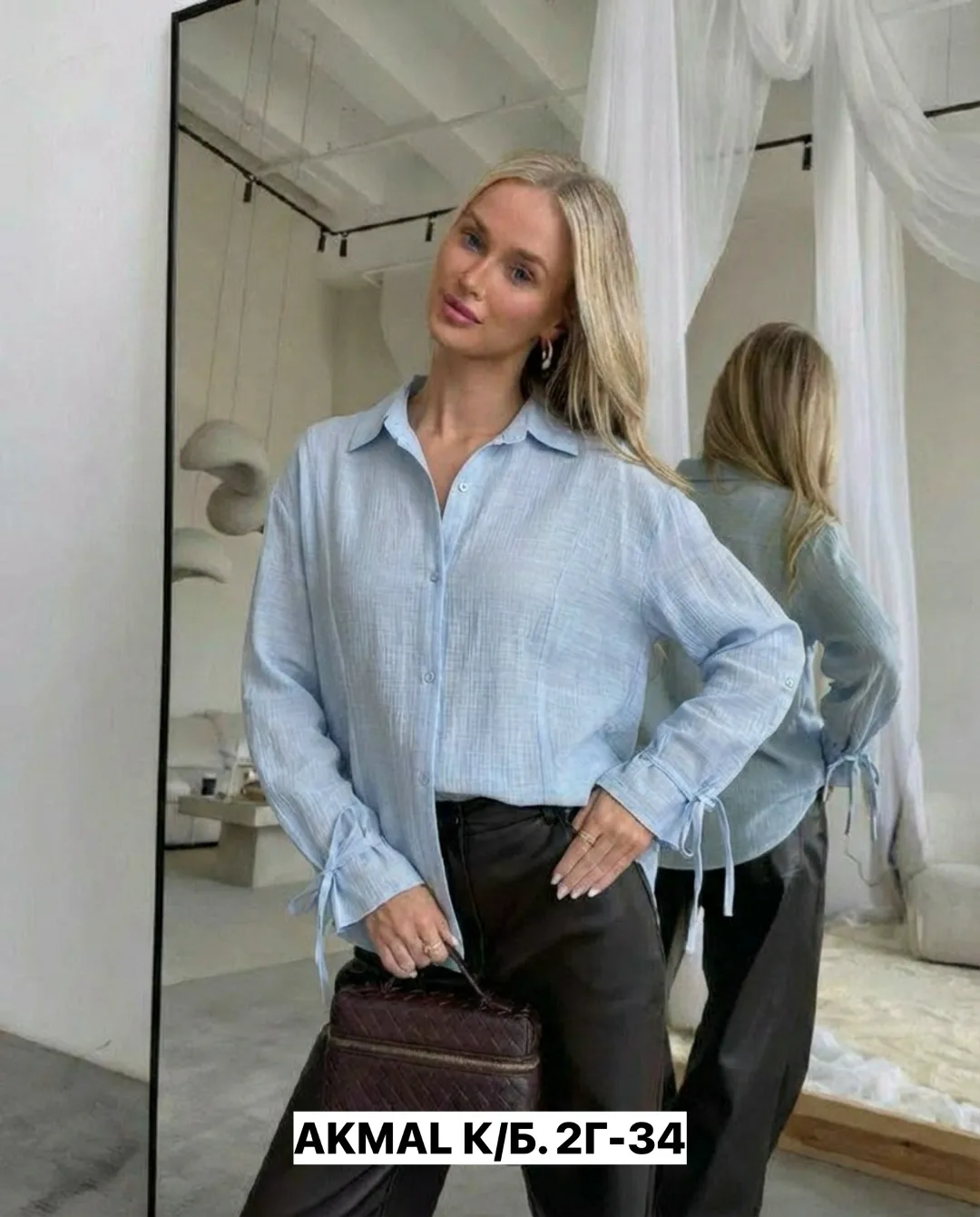 Женская рубашка с длинным рукавом из жатой хлопковой — фото 7