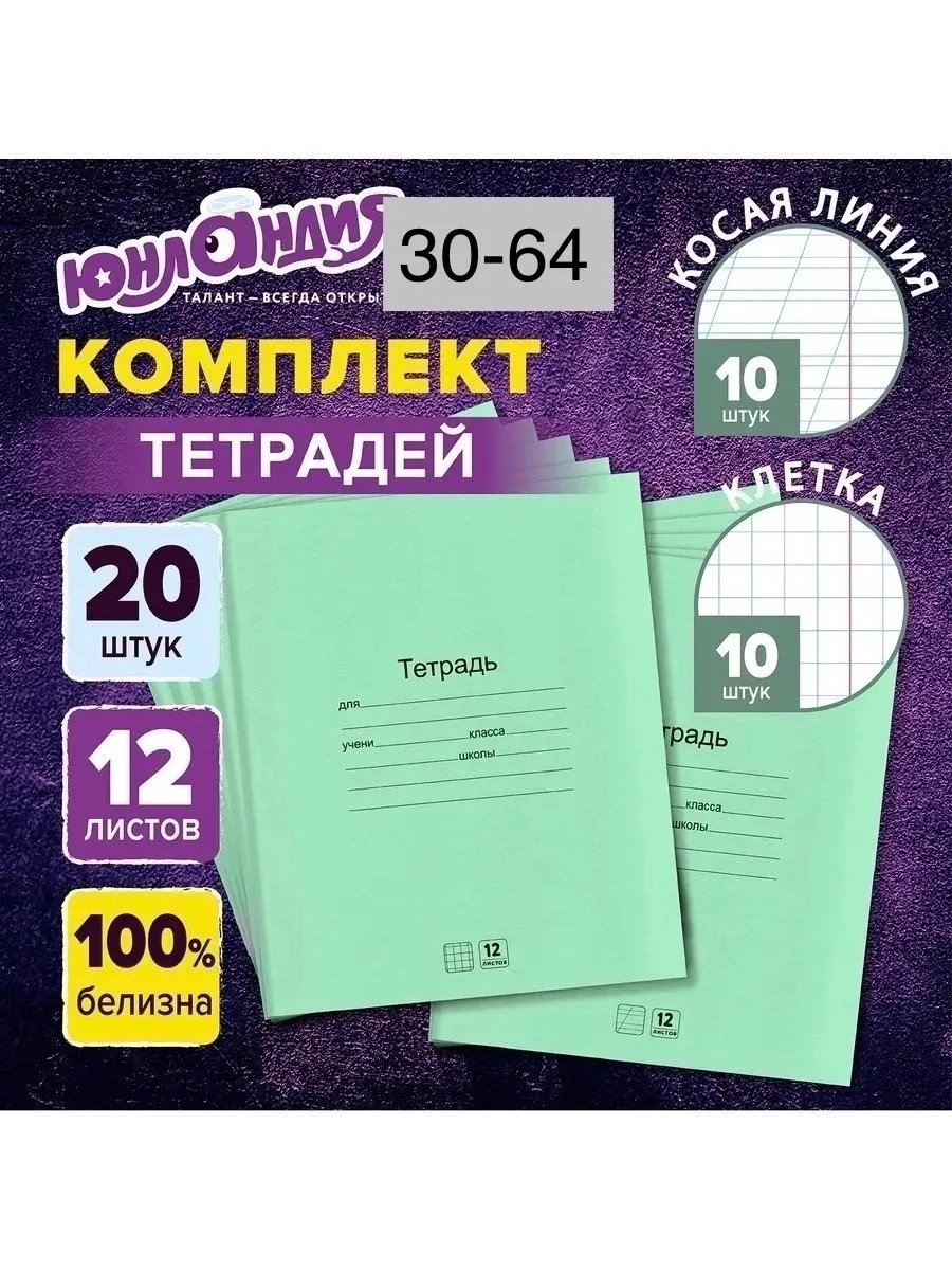 Тетрадь ЮНЛАНДИЯ в клетку в косую линейку 12 листов набор 20 штук для школы — фото 1