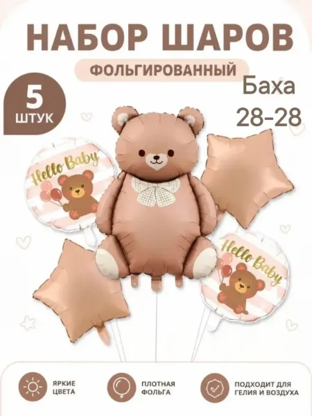 Набор из 5 матовых воздушных шаров в форме мишкы — фото 3