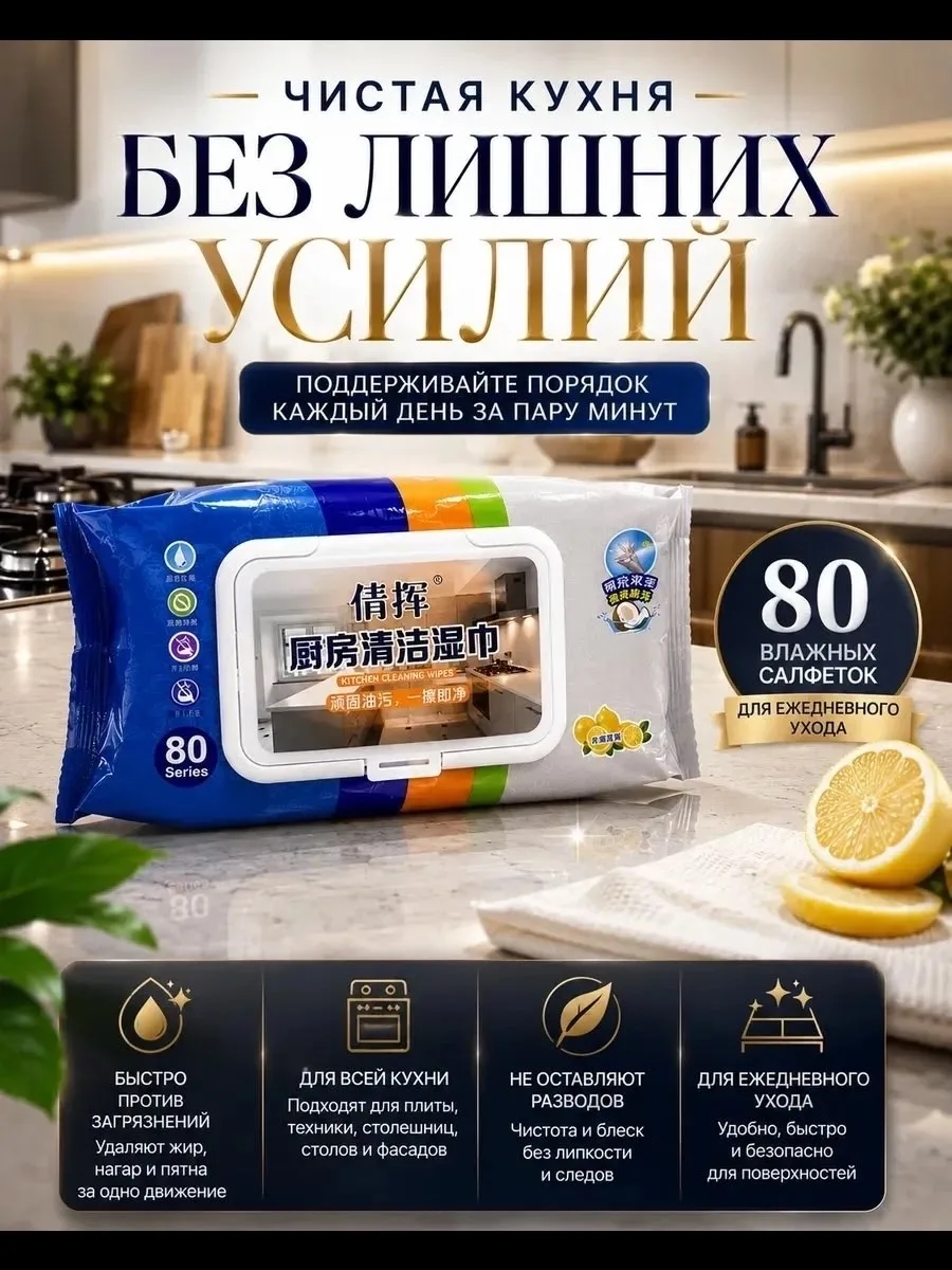 КУХОННЫЕ ВЛАЖНЫЕ САЛФЕТКИ ОТ ЖИРА — фото 1