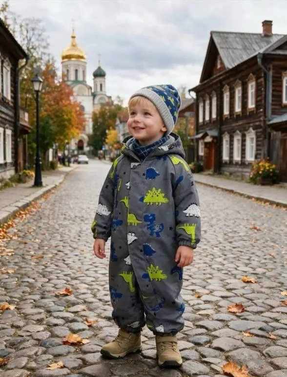 Комбинезон детский осенний Misha Lasiele, серый с динозаврами — фото 3