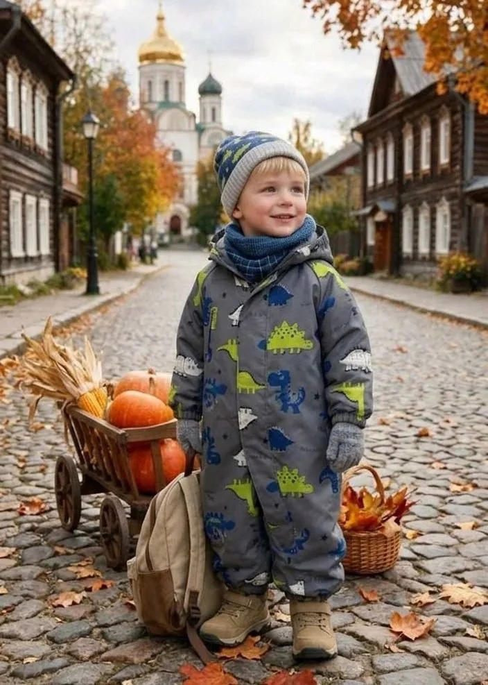 Комбинезон детский осенний Misha Lasiele, серый с динозаврами — фото 5