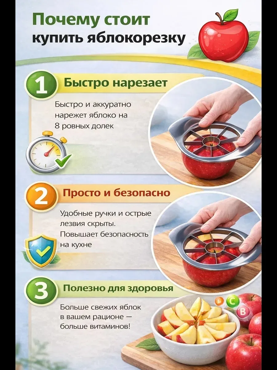 За одно нажатие разрезает яблоко на ровные дольки Одновременно удаляет сердцевину Прочные лезвия из металла Удобные ручк — фото 3