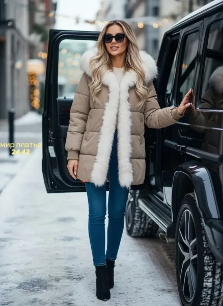 Куртка с капюшоном из искусственного меха, мех снимается — фото 1
