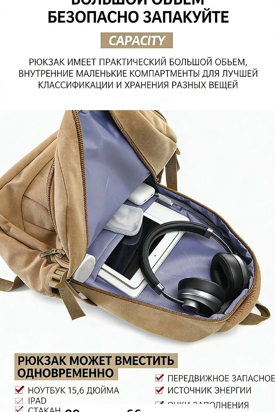 Городской рюкзак из брезента для мужчин и женщин Чёрный — фото 1