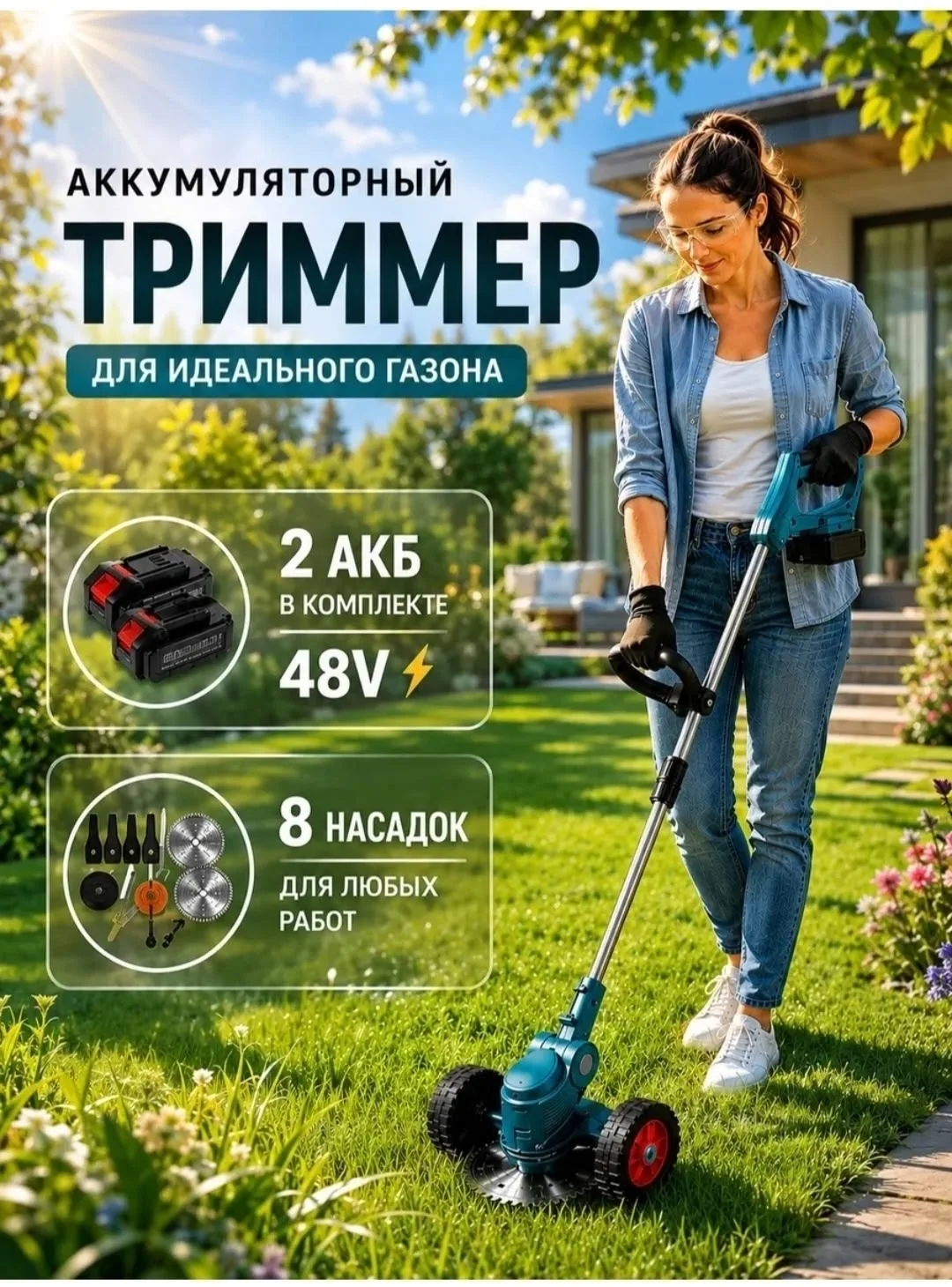Универсальная электрокоса заменяет газонокосилку, мотокосу и кусторез покос травы, скашивание газона, стрижка кустов, ко — фото 1