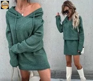Платье из тёплой плотной кашемировой ткани с капюшоном, хорошо тянущейся — фото 1