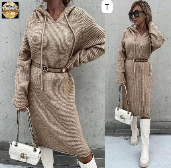 Платье из тёплой плотной кашемировой ткани с капюшоном, хорошо тянущейся — фото 7
