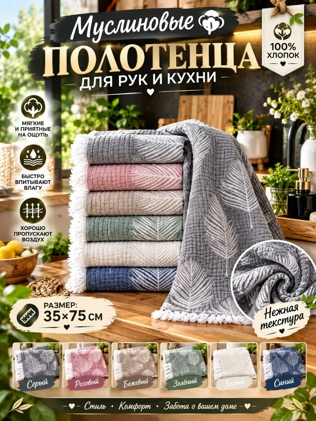 Муслиновые полотенца 100 хлопок