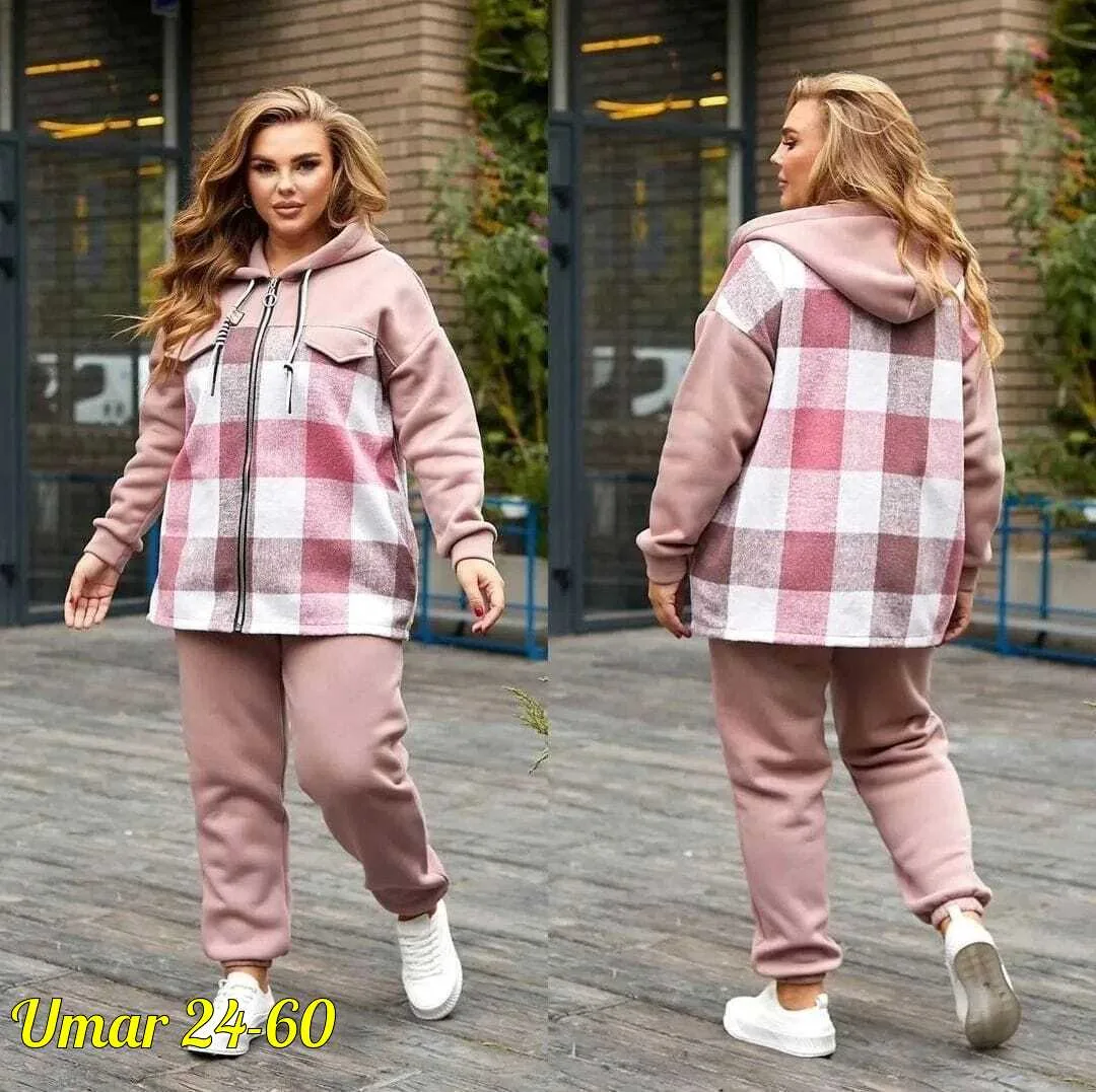 Костюм женский больших размеров, кофта с капюшоном и брюки из флиса синяя — фото 4