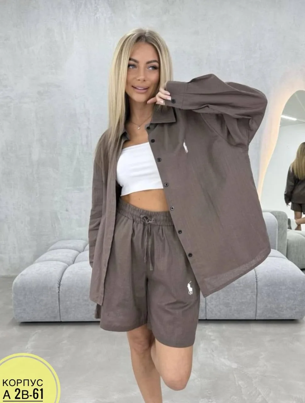 Женский летний костюм с шортами и рубашкой из льна, M, L, XL, с подкладкой, комфор — фото 2