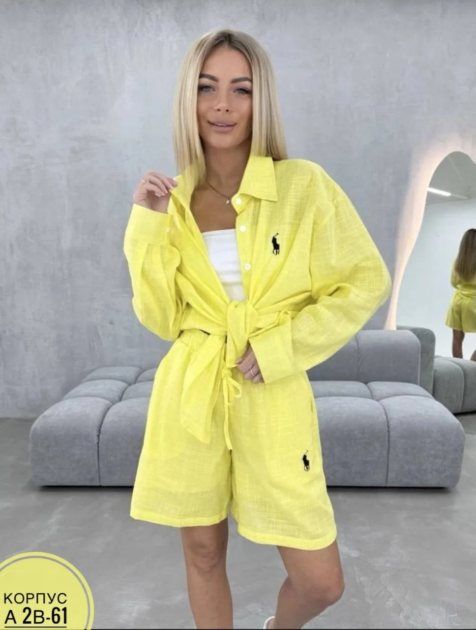 Женский летний костюм с шортами и рубашкой из льна, M, L, XL, с подкладкой, комфор — фото 6