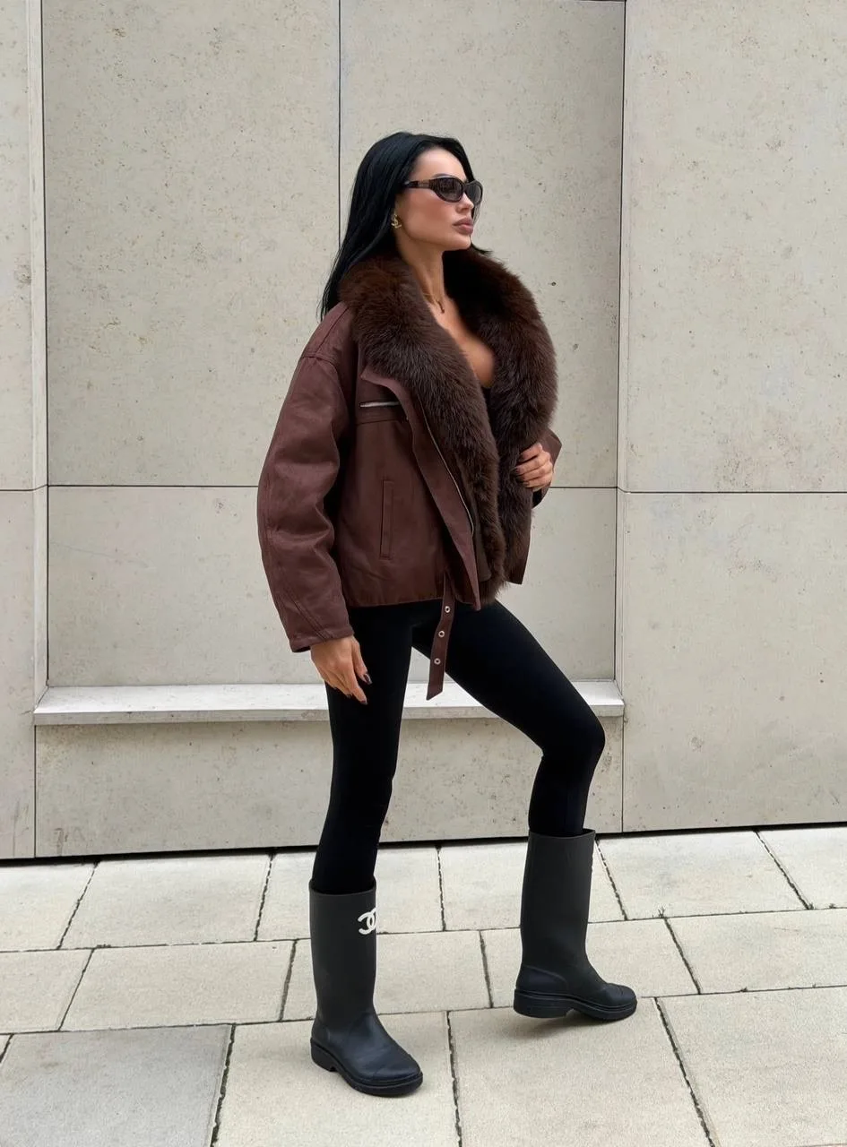 Куртка-авиатор с меховым воротником из лисьего меха — фото 8