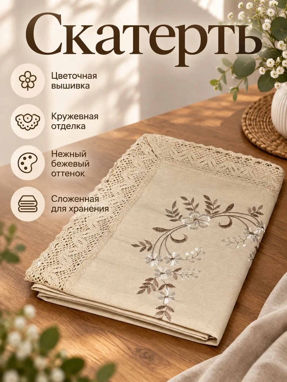 Скатерть лён с вышивкой с кружева качество очень хорошее с добавкой с полеэстер стирается хорошо в подарочной сумке — фото 7