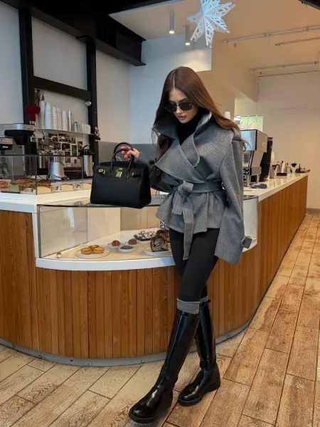 Укороченное пальто из фабричного материала, цвета: шоколадный, чёрный, графит, серый — фото 13