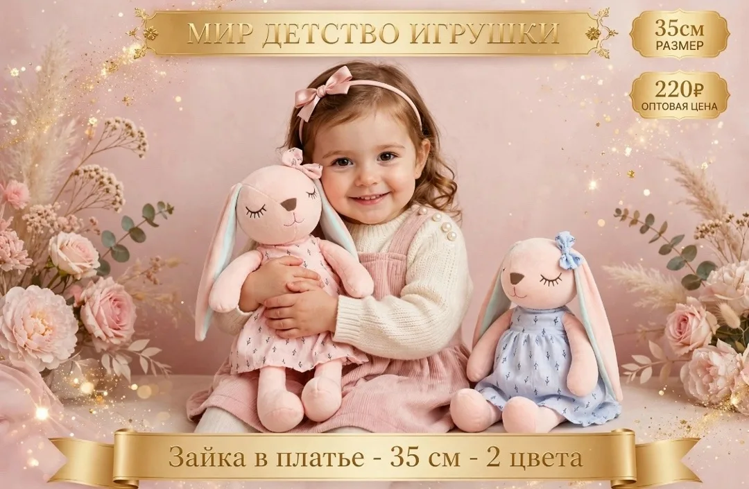 Плюшевая зайка спящая в платье с бантиком на ушке — фото 1