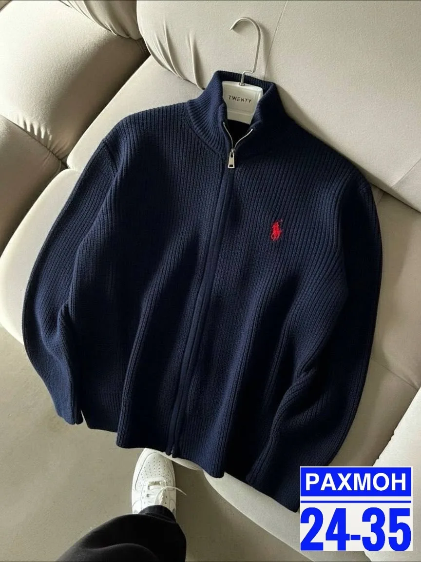 Мужской свитер на молнии с вышивкой, подходит для повседневного образа Синий — фото 4