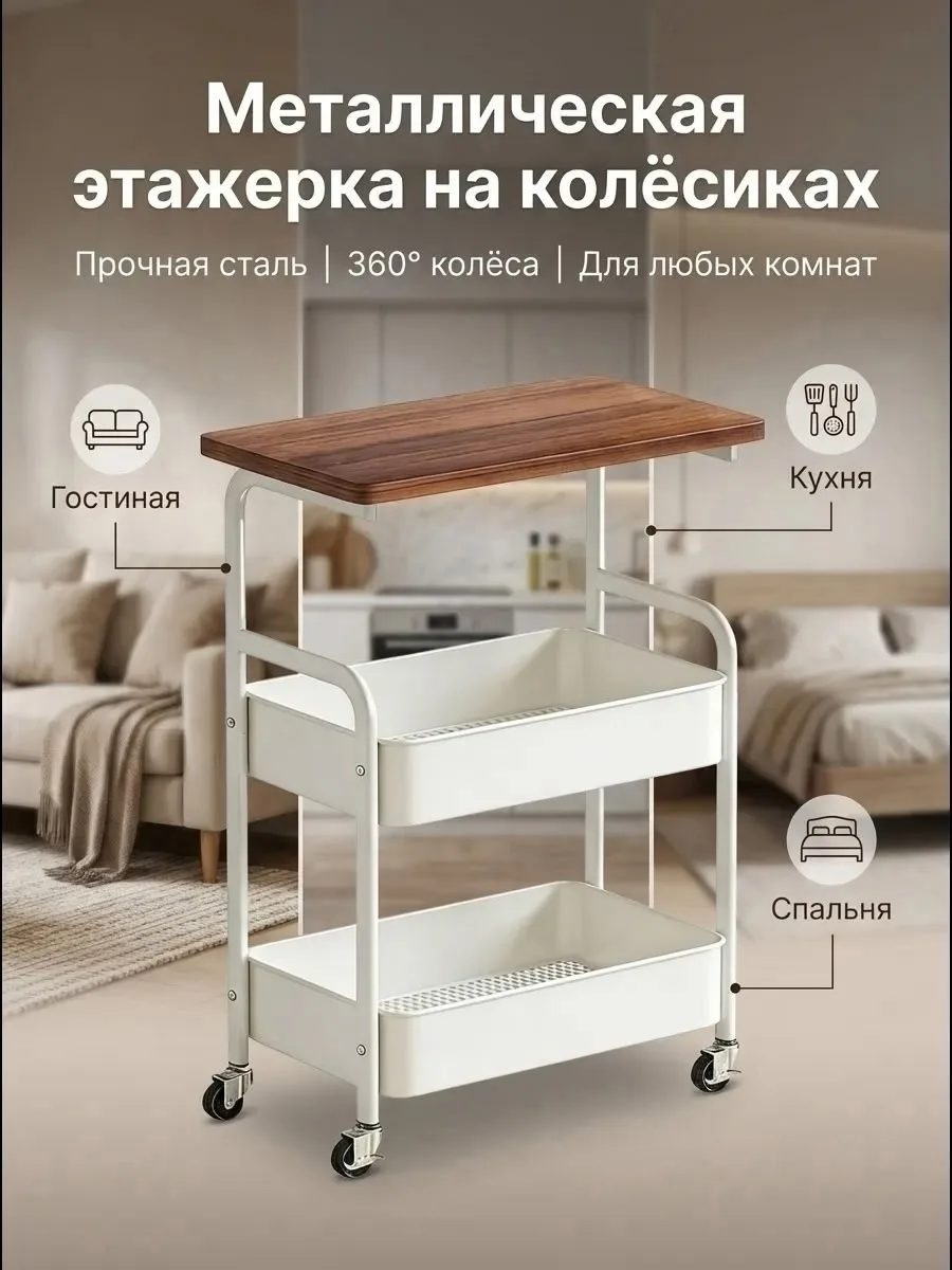 Столик на колёсах одинаково хорош как приставная тумба к дивану, прикроватный столик, сервировочная тележка или косметол — фото 5