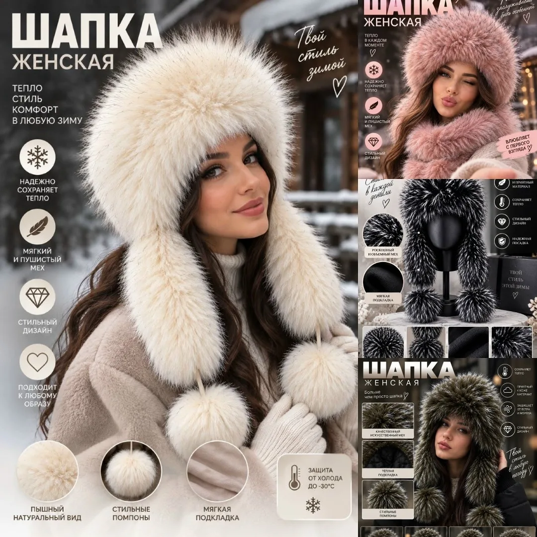 Зимняя шапка-ушанка из экомеха с отделкой под лису — фото 9